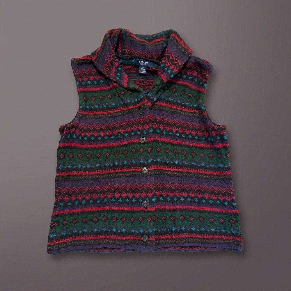 Vintage Chaps Fair Isle Sweater Vest Medium Shawl Collar Button Front Geometric